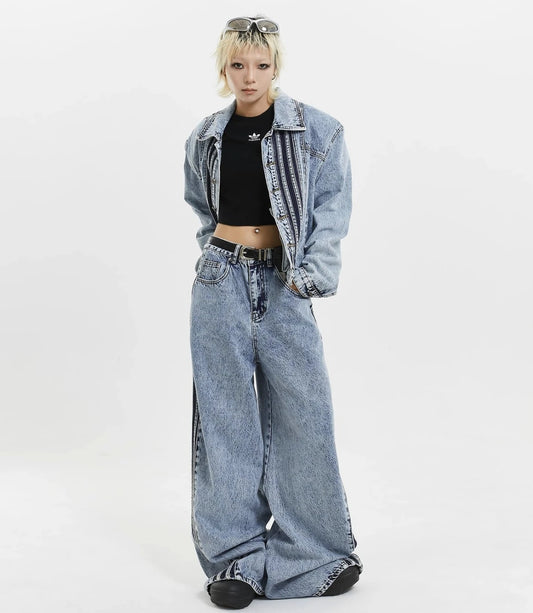 ルーズフィットなGジャンとバギーパンツのサイドラインデニムセットの全身。