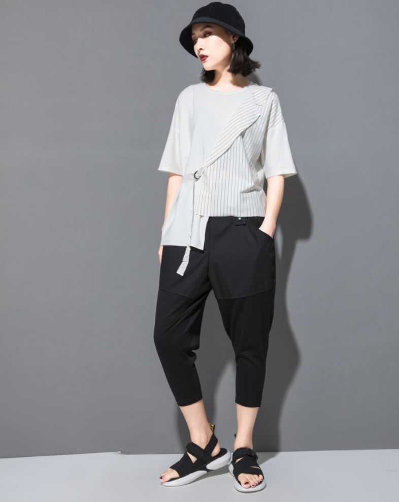 五分袖Tシャツ/カットソー ストライプ アシンメトリー ／ユニセックス モレビー