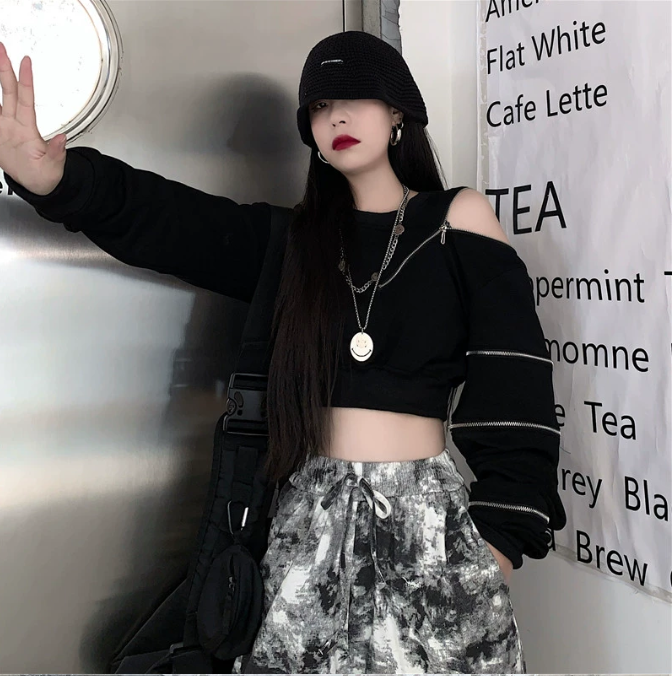 アシンメトリーTシャツ/カットソー ショート丈 ストリート ／TEA