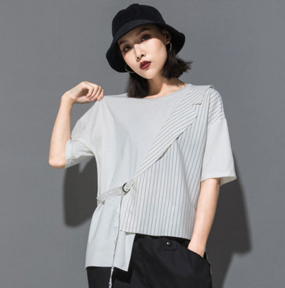 五分袖Tシャツ/カットソー ストライプ アシンメトリー ／ユニセックス モレビー