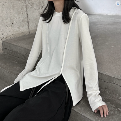 アシンメトリー長袖Tシャツ/カットソー ブラック ホワイト ／TEA
