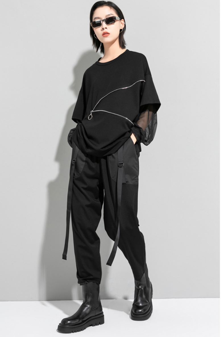 Tメッシュ仕様アシンメトリー長袖Tシャツ/カットソー ファスナー 黒 ブラック ／TEA