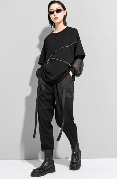 Tメッシュ仕様アシンメトリー長袖Tシャツ/カットソー ファスナー 黒 ブラック ／TEA