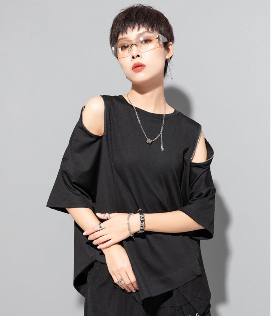 アシンメトリー半袖Tシャツ/カットソー ブラック ホワイト ／TEA