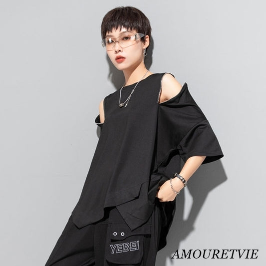 アシンメトリー半袖Tシャツ/カットソー ブラック ホワイト ／TEA