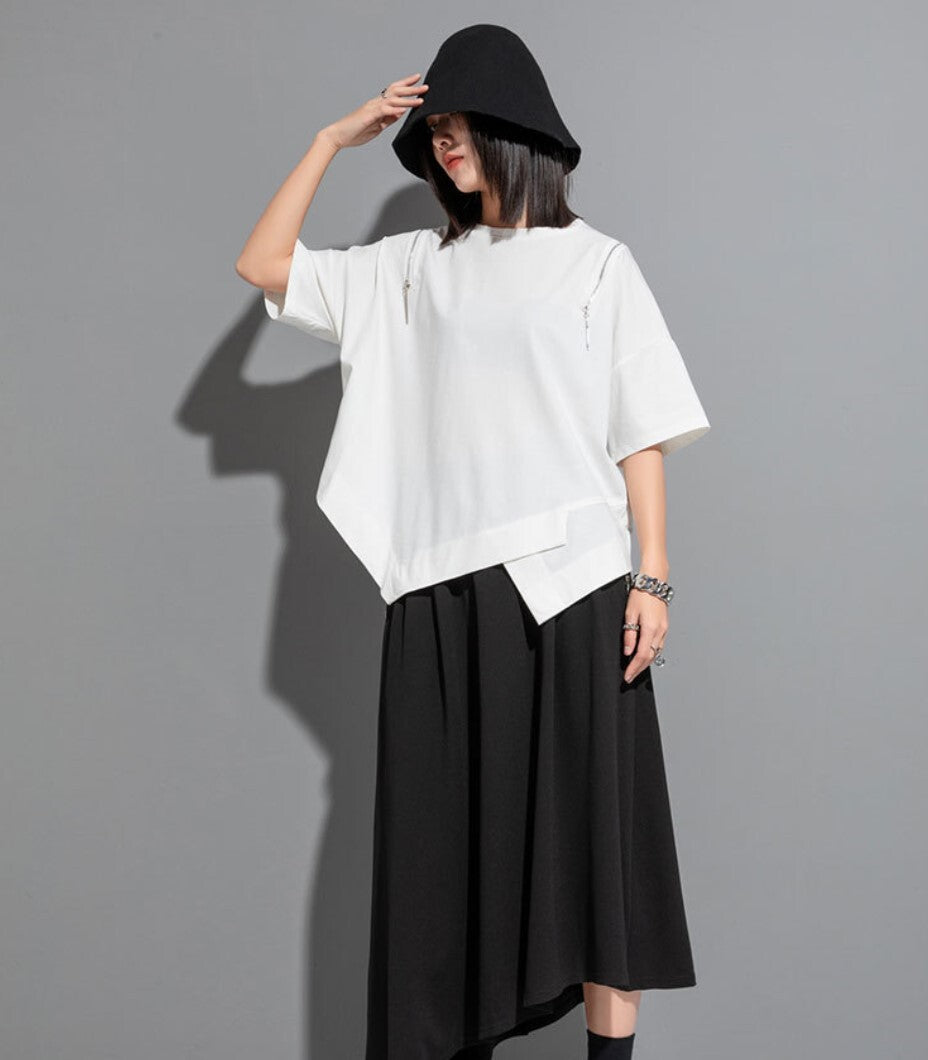 アシンメトリー半袖Tシャツ/カットソー ブラック ホワイト ／TEA