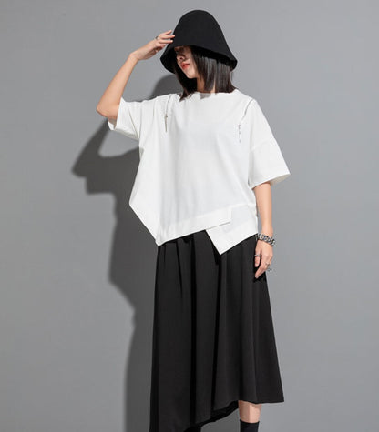 アシンメトリー半袖Tシャツ/カットソー ブラック ホワイト ／TEA