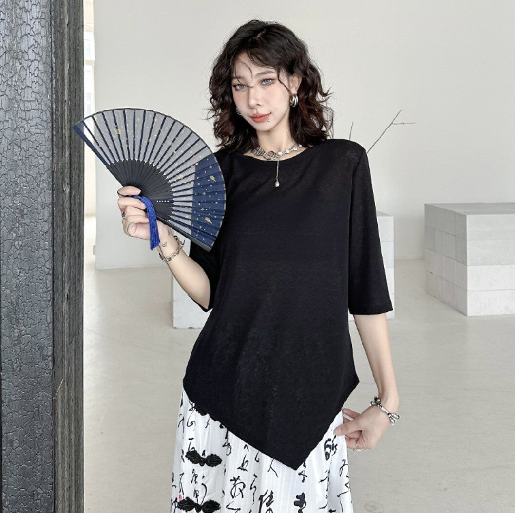 アシンメトリーメッシュ半袖Tシャツ シアーシャツ/カットソー 七分袖 ／TEA