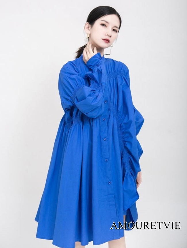 ミディ丈ギャザー仕様ワンピース アシンメトリーシャツワンピース ドレス ／TEA