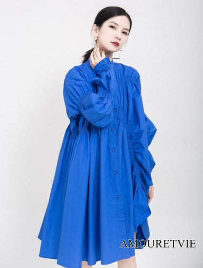 ミディ丈ギャザー仕様ワンピース アシンメトリーシャツワンピース ドレス ／TEA