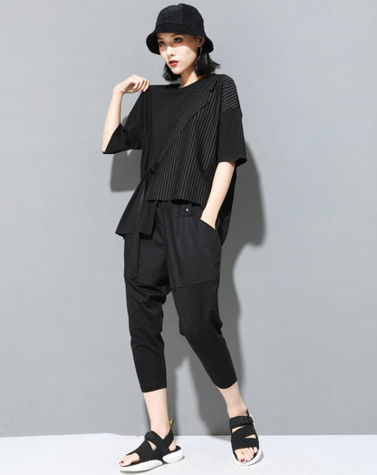 ストライプ模様アシンメトリーTシャツ/カットソー ／TEA