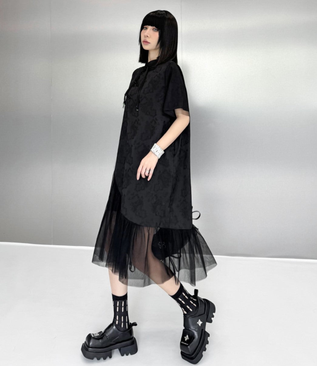 裾レース仕様アシンメトリーロングワンピース ブラック おしゃれ ／TEA