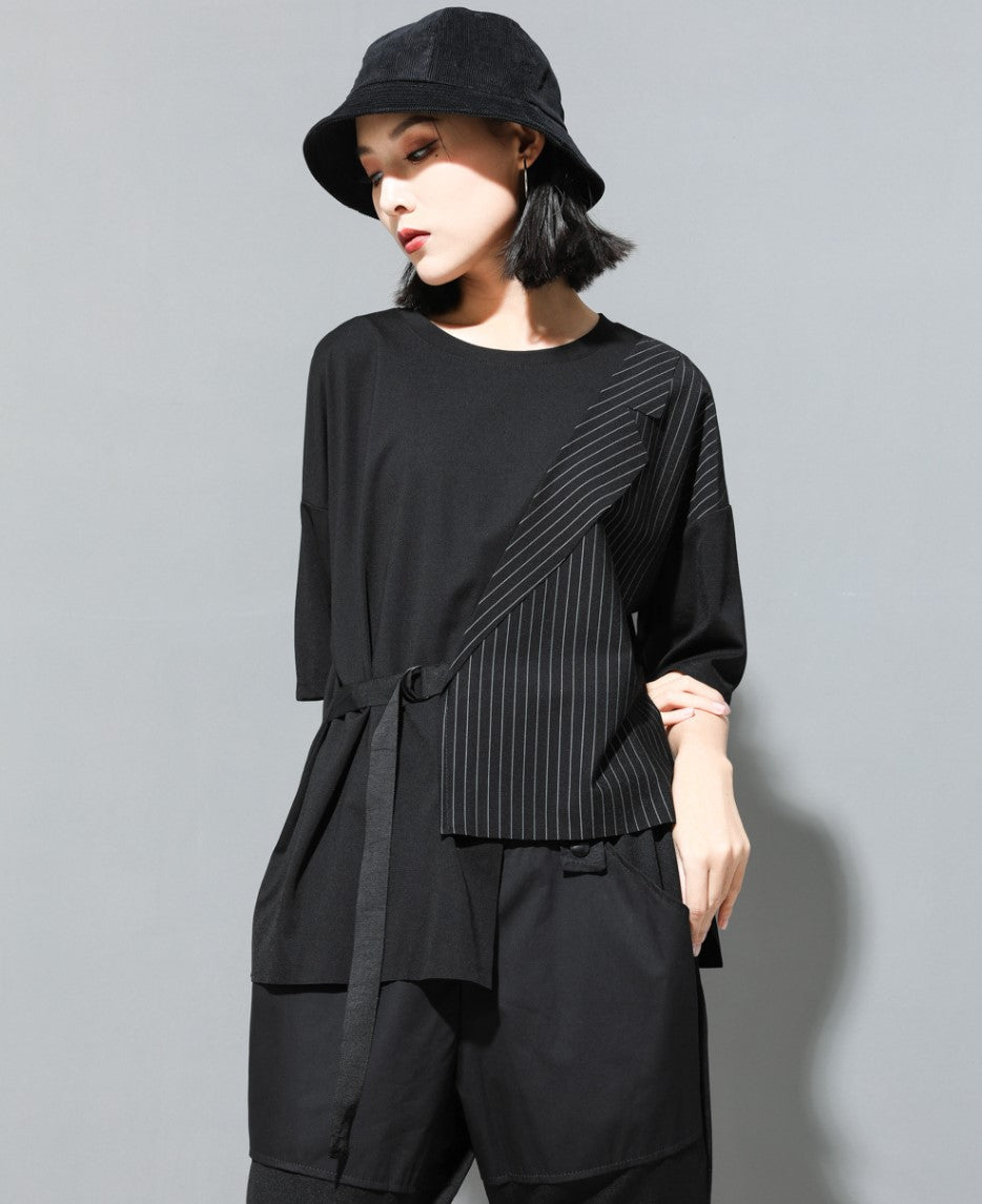 ストライプ模様アシンメトリーTシャツ/カットソー ／TEA