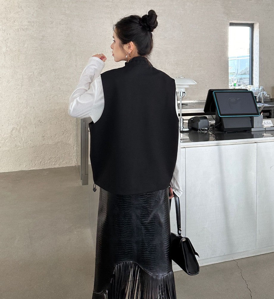 アシンメトリーファスナースタイルブラックベスト ／TEA