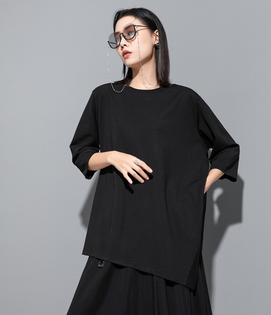 スリット入りTシャツ/カットソー アシンメトリー 七分袖 無地 ／TEA