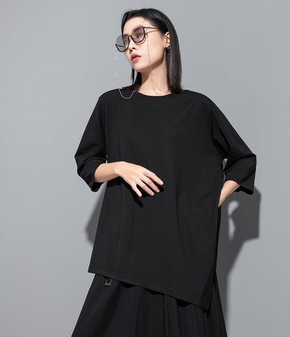 スリット入りTシャツ/カットソー アシンメトリー 七分袖 無地 ／TEA