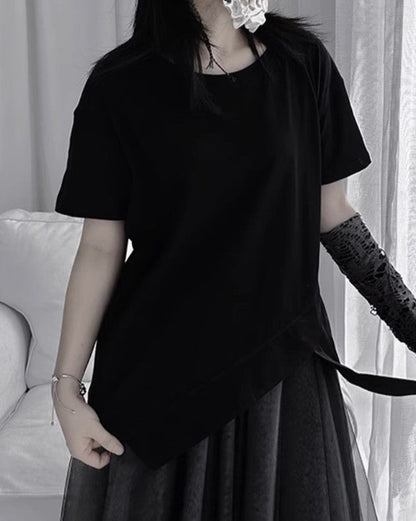 中性的 半袖アシンメトリーデザインTシャツ/カットソー ／TEA