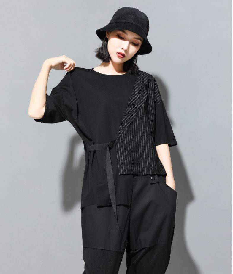五分袖Tシャツ/カットソー ストライプ アシンメトリー ／ユニセックス モレビー