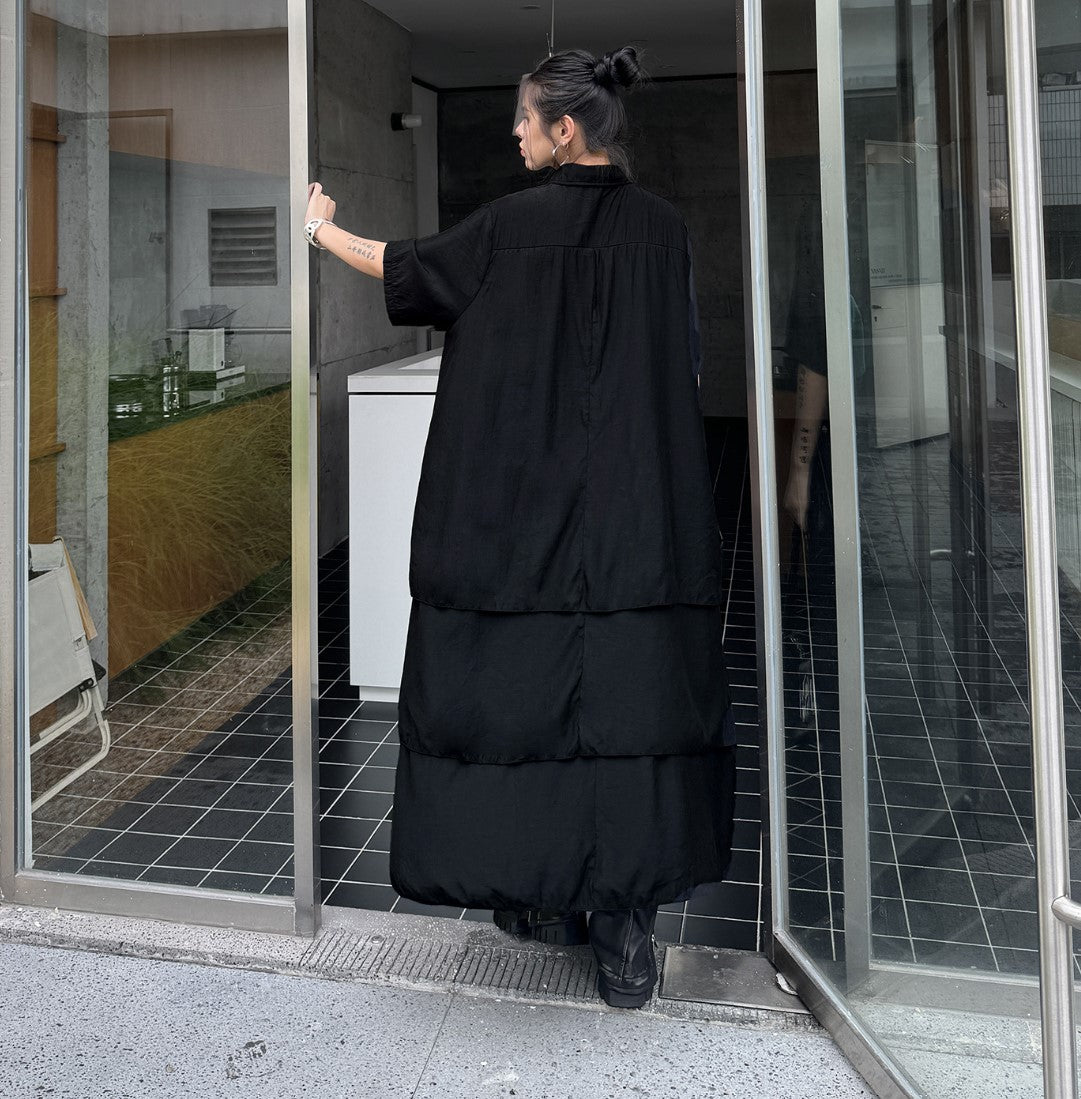 レイヤード風モダンブラックロングシャツ おしゃれ ／TEA