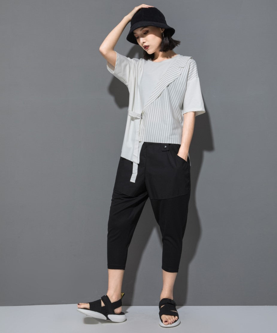 ストライプ模様アシンメトリーTシャツ/カットソー ／TEA