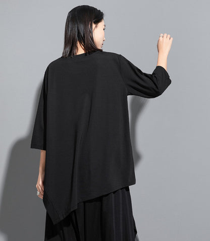 スリット入りTシャツ/カットソー アシンメトリー 七分袖 無地 ／TEA