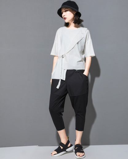 ストライプ模様アシンメトリーTシャツ/カットソー ／TEA