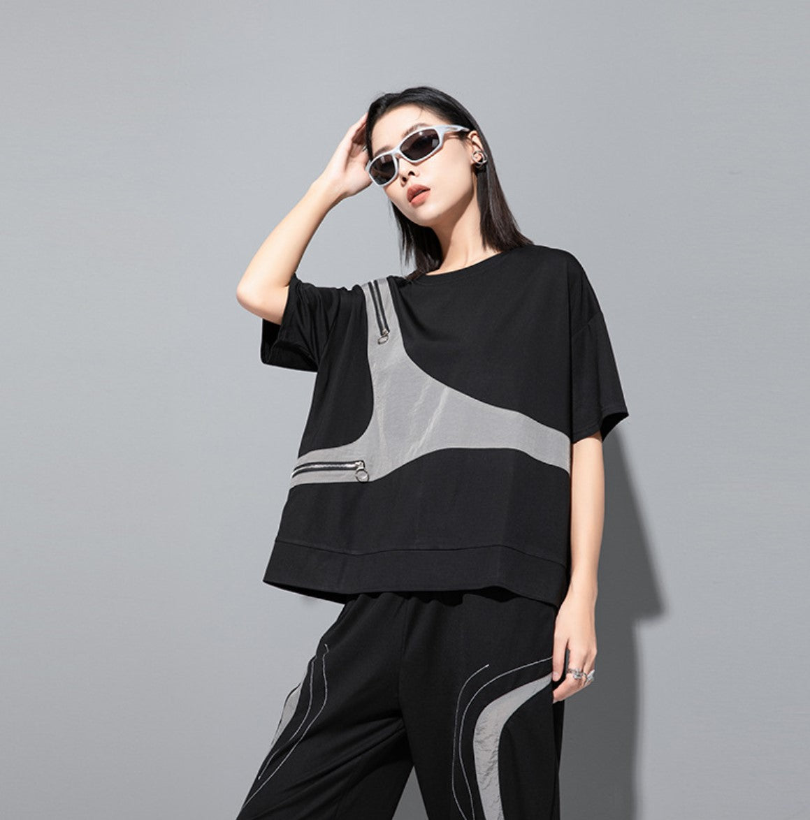 モノトーン半袖Tシャツ/カットソー ダブルファスナー ／TEA