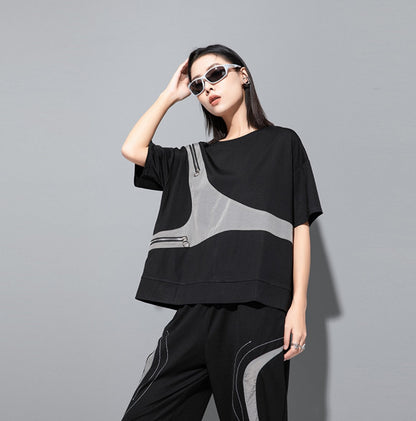 モノトーン半袖Tシャツ/カットソー ダブルファスナー ／TEA