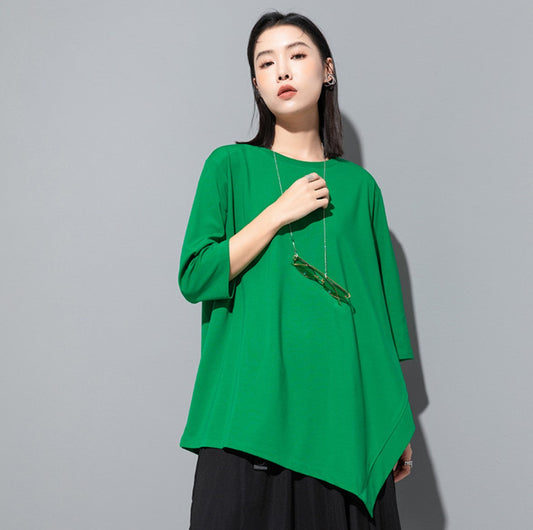 スリット入りTシャツ/カットソー アシンメトリー 七分袖 無地 ／TEA