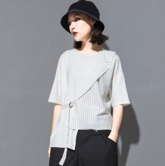 ストライプ模様アシンメトリーTシャツ/カットソー ／TEA