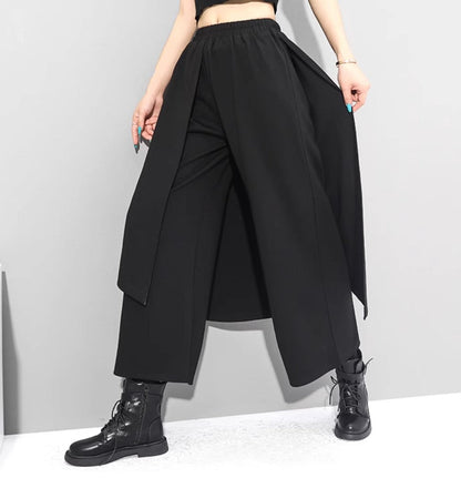 中性的 アシンメトリー袴パンツ フェイクレイヤード ブラック ９分丈 ／TEA