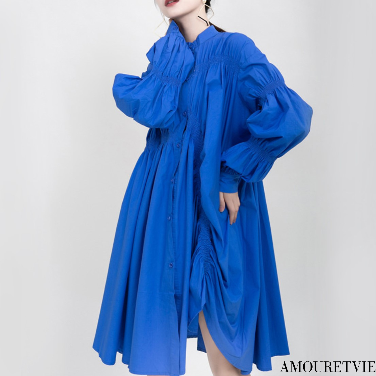 ミディ丈ギャザー仕様ワンピース アシンメトリーシャツワンピース ドレス ／TEA
