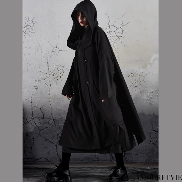 モダンブラックロングコート フード付き ／ユニセックス ・メンズ モレビー｜モード系ファッションブランド