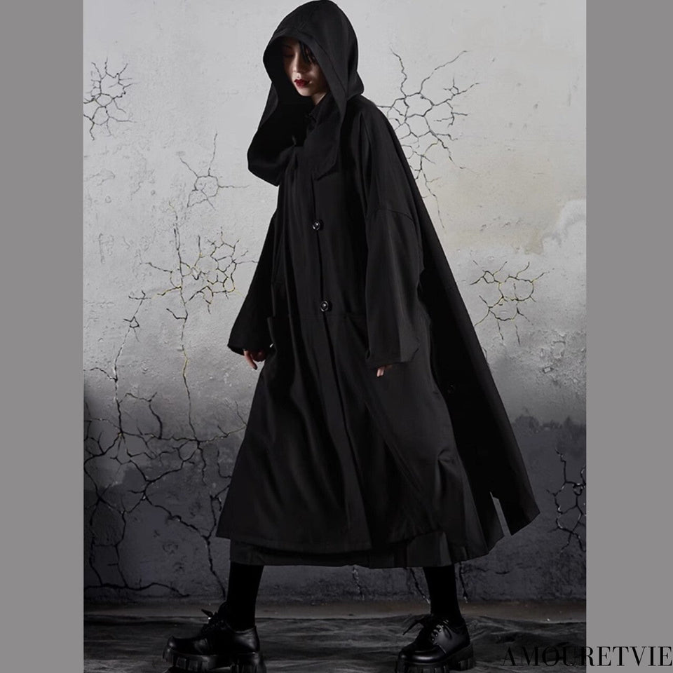 モダンブラックロングコート フード付き ／ユニセックス ・メンズ モレビー｜モード系ファッションブランド