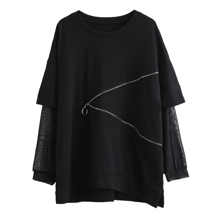Tメッシュ仕様アシンメトリー長袖Tシャツ/カットソー ファスナー 黒 ブラック ／TEA