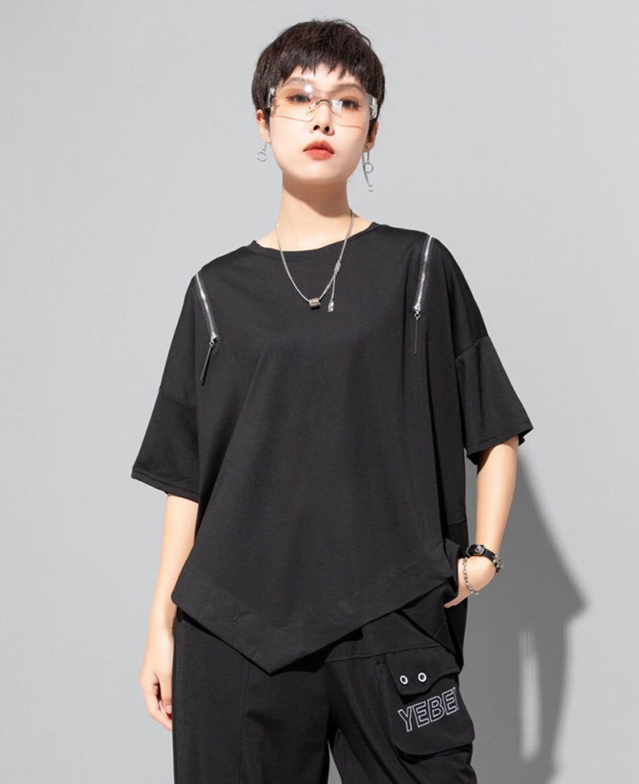 アシンメトリー半袖Tシャツ/カットソー ブラック ホワイト ／TEA