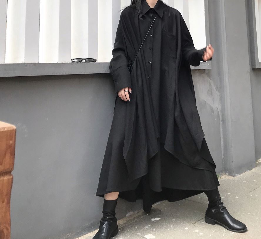 ロングシャツ ロングスカート 上下セット セットアップ ブラック ／TEA