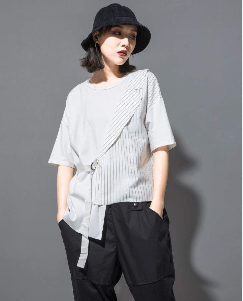 五分袖Tシャツ/カットソー ストライプ アシンメトリー ／ユニセックス モレビー