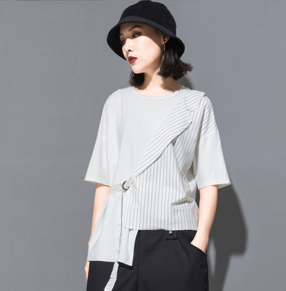 五分袖Tシャツ/カットソー ストライプ アシンメトリー ／ユニセックス モレビー