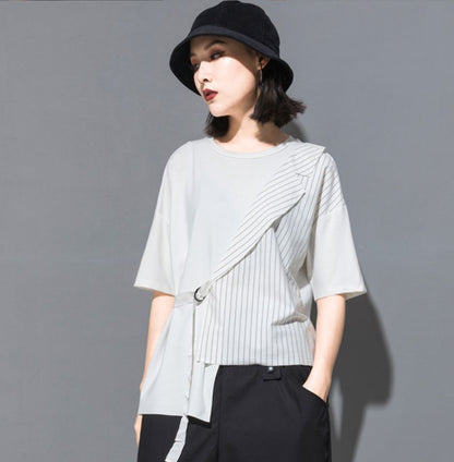 五分袖Tシャツ/カットソー ストライプ アシンメトリー ／ユニセックス モレビー