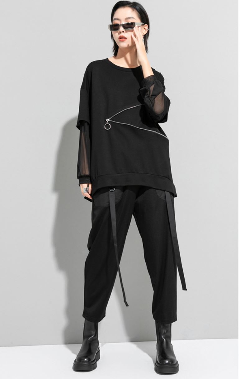 Tメッシュ仕様アシンメトリー長袖Tシャツ/カットソー ファスナー 黒 ブラック ／TEA