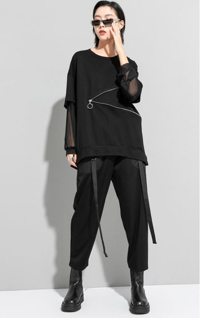 Tメッシュ仕様アシンメトリー長袖Tシャツ/カットソー ファスナー 黒 ブラック ／TEA