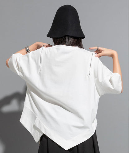 アシンメトリー半袖Tシャツ/カットソー ブラック ホワイト ／TEA