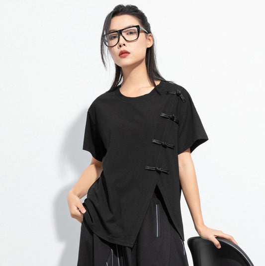 アシンメトリーカジュアルTシャツ/カットソー バックル ／TEA