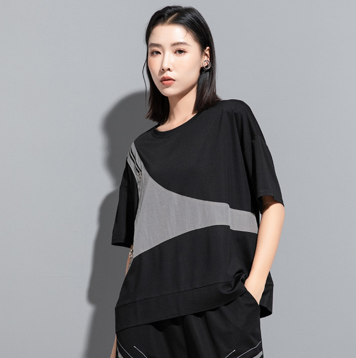 モノトーン半袖Tシャツ/カットソー ダブルファスナー ／TEA