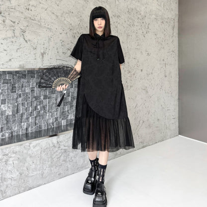 裾レース仕様アシンメトリーロングワンピース ブラック おしゃれ ／TEA