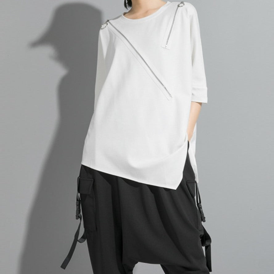 五分袖アシンメトリーTシャツ/カットソー ／ユニセックス モレビー