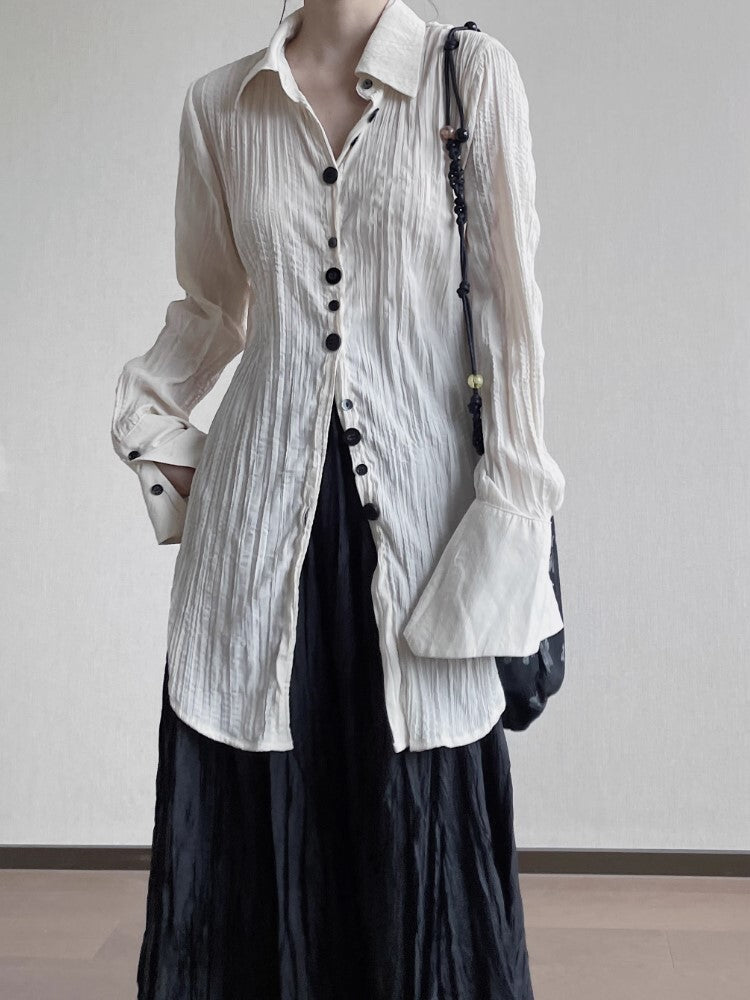 中性的 シワ加工モダンロングシャツ ホワイト ブラック ／TEA
