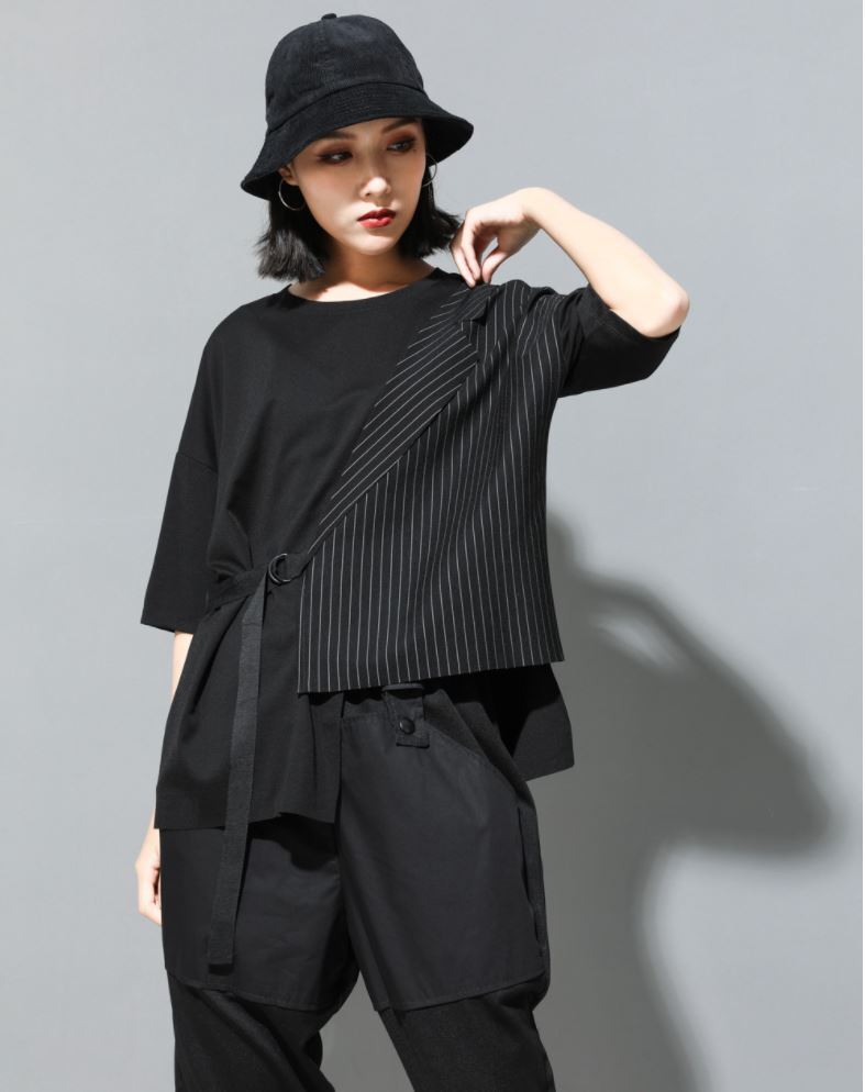 五分袖Tシャツ/カットソー ストライプ アシンメトリー ／ユニセックス モレビー