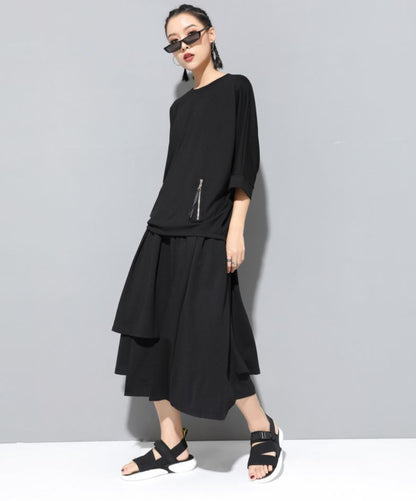 ファスナー付き七分袖Tシャツ/カットソー 黒 ブラック ／ユニセックス モレビー